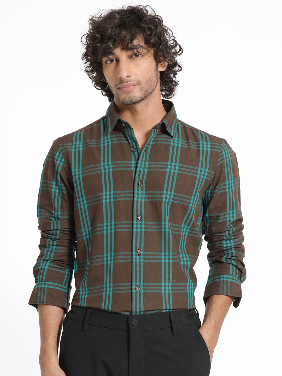 

RARE RABBIT Men Missys Slim Fit Tartan Checked Opaque Cotton Shirt, Brown