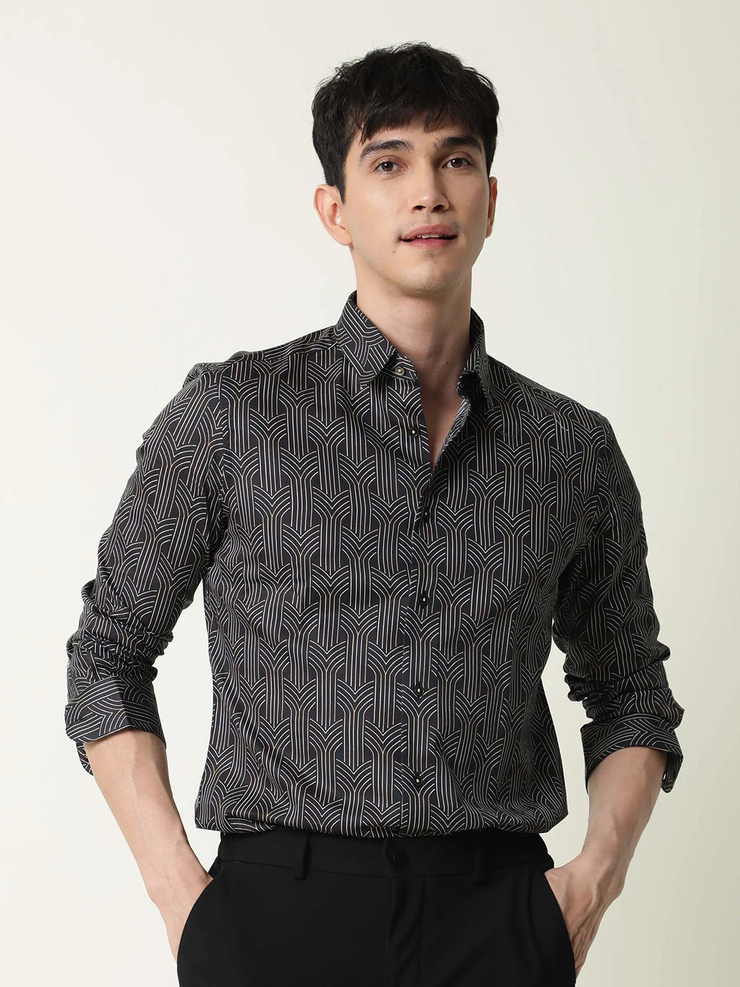 

RARE RABBIT Men Millens Slim Fit Abstract Printed Cotton Shirt, Black