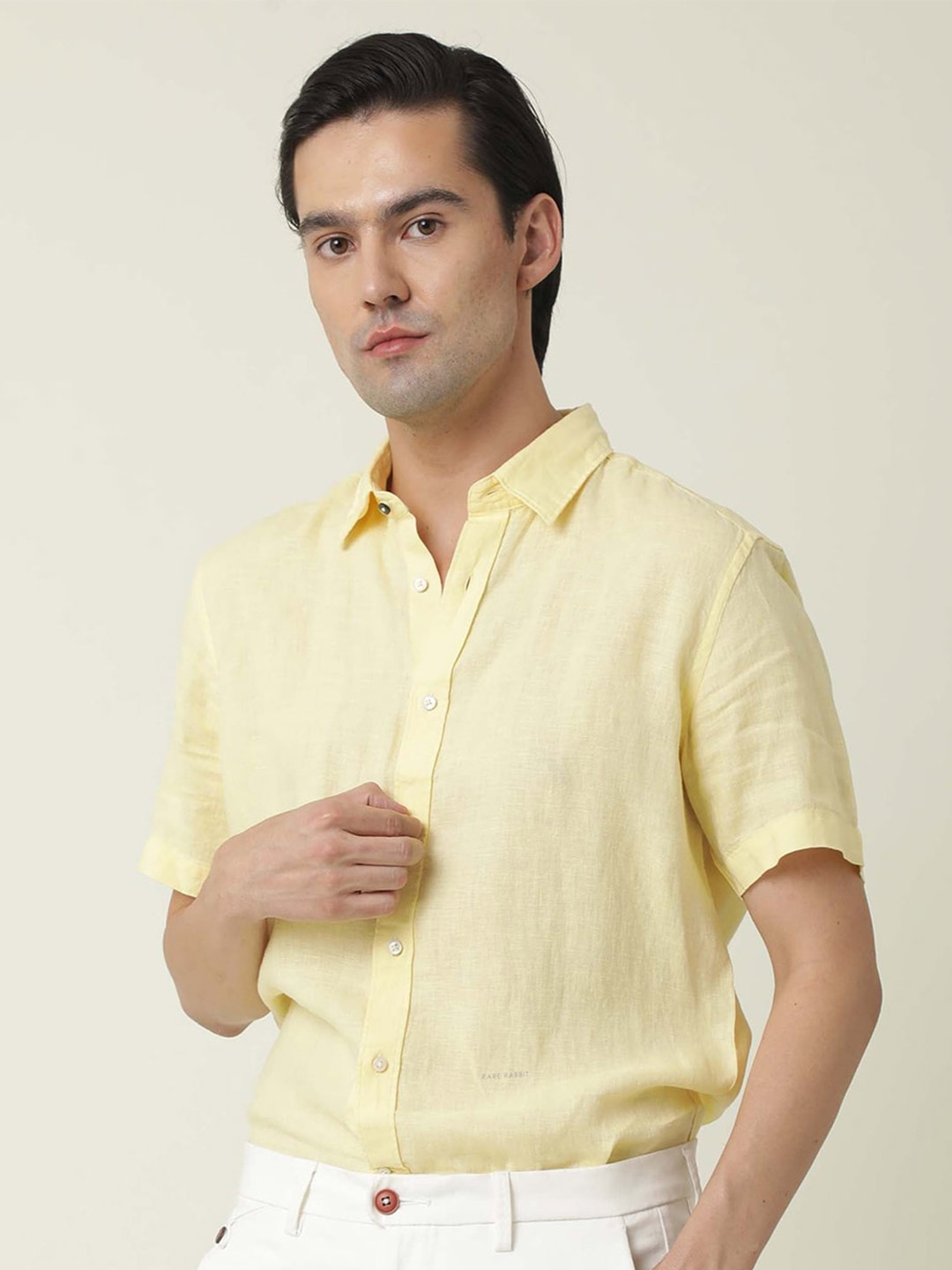 

RARE RABBIT Men Flax Slim Fit Opaque Linen Shirt, Yellow