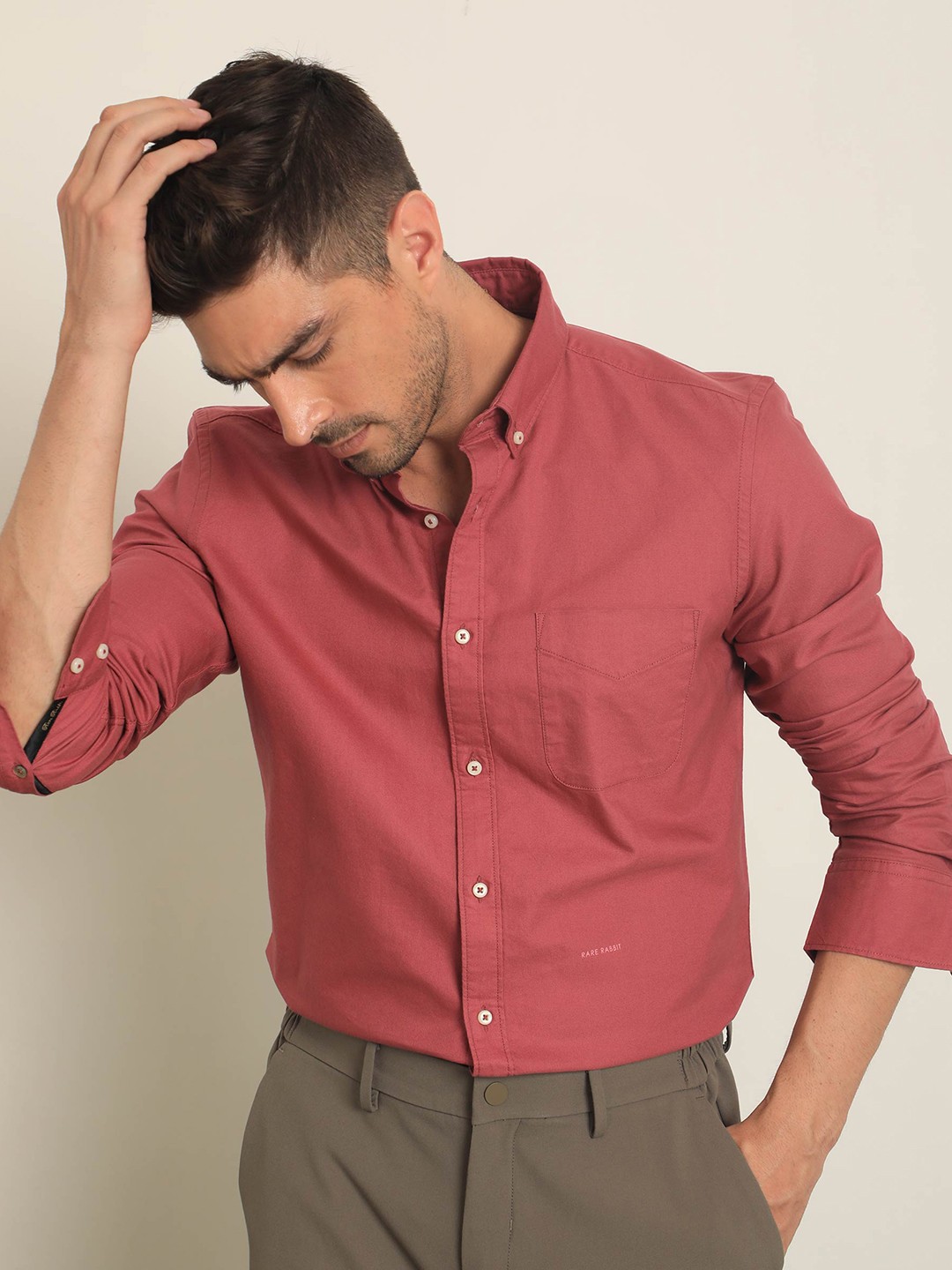 

RARE RABBIT Men Auxfo Slim Fit Button-Down Collar Opaque Cotton Shirt, Pink