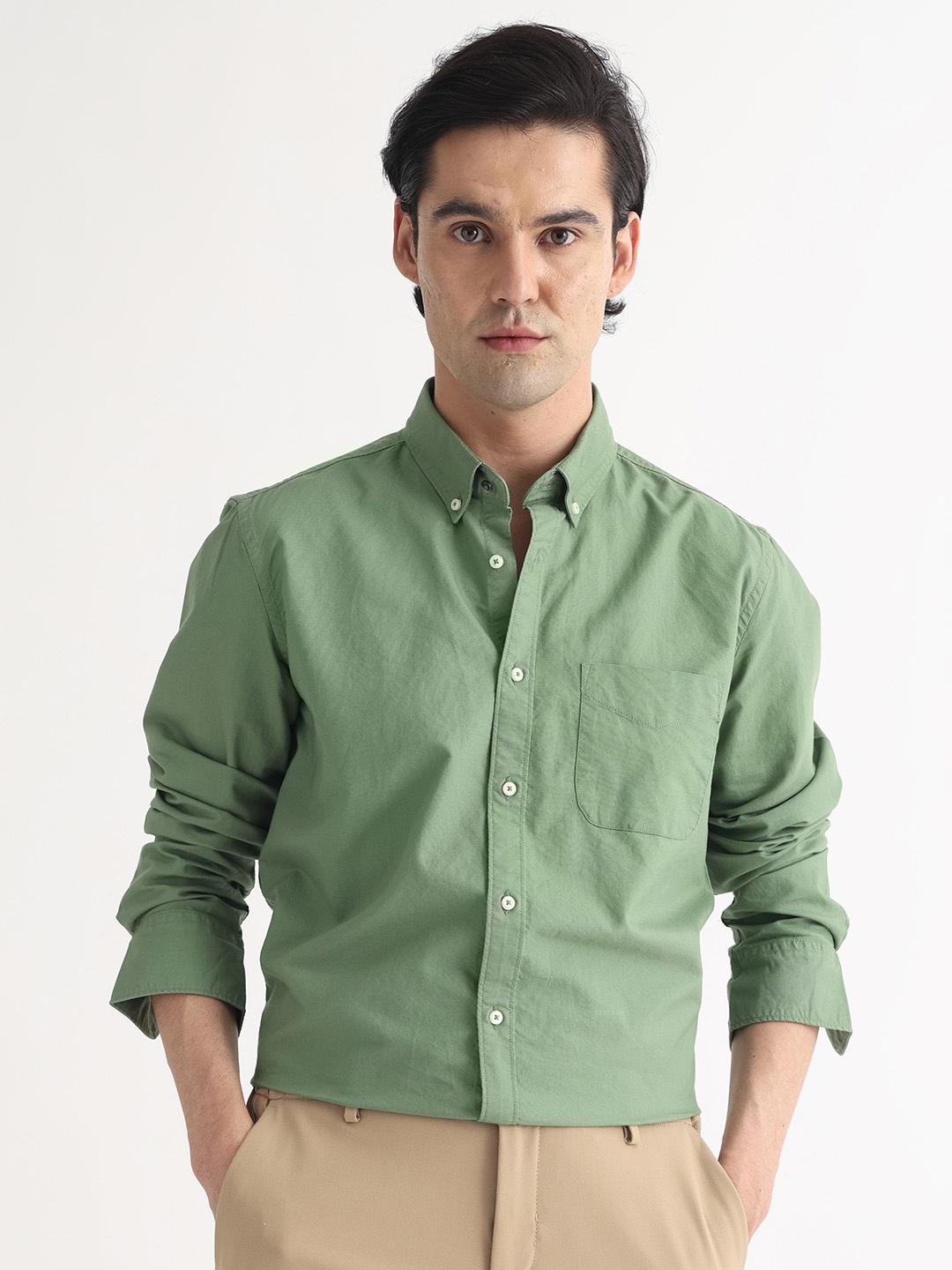 

RARE RABBIT Men Auxfo Slim Fit Button Down Cotton Shirt, Green