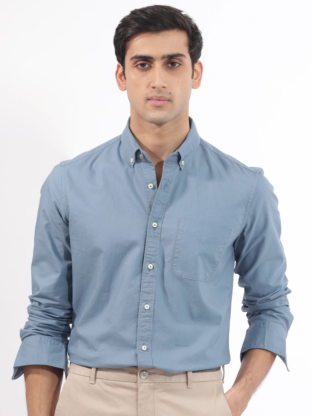 

RARE RABBIT Men Auxfo Slim Fit Button-Down Collar Opaque Cotton Shirt, Blue
