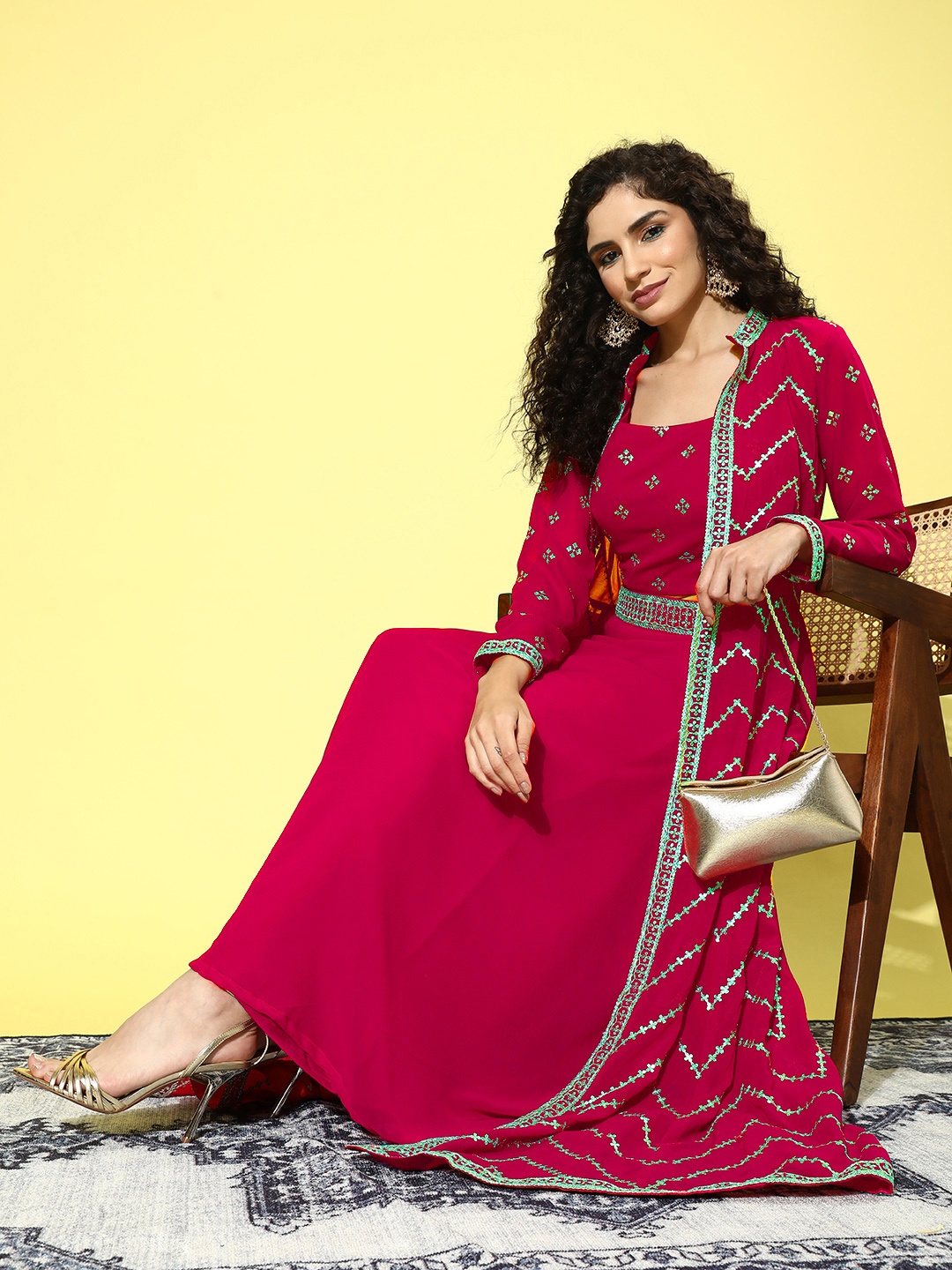

Kvsfab Women Embroidered Top With Skirt & With Shrug, Pink