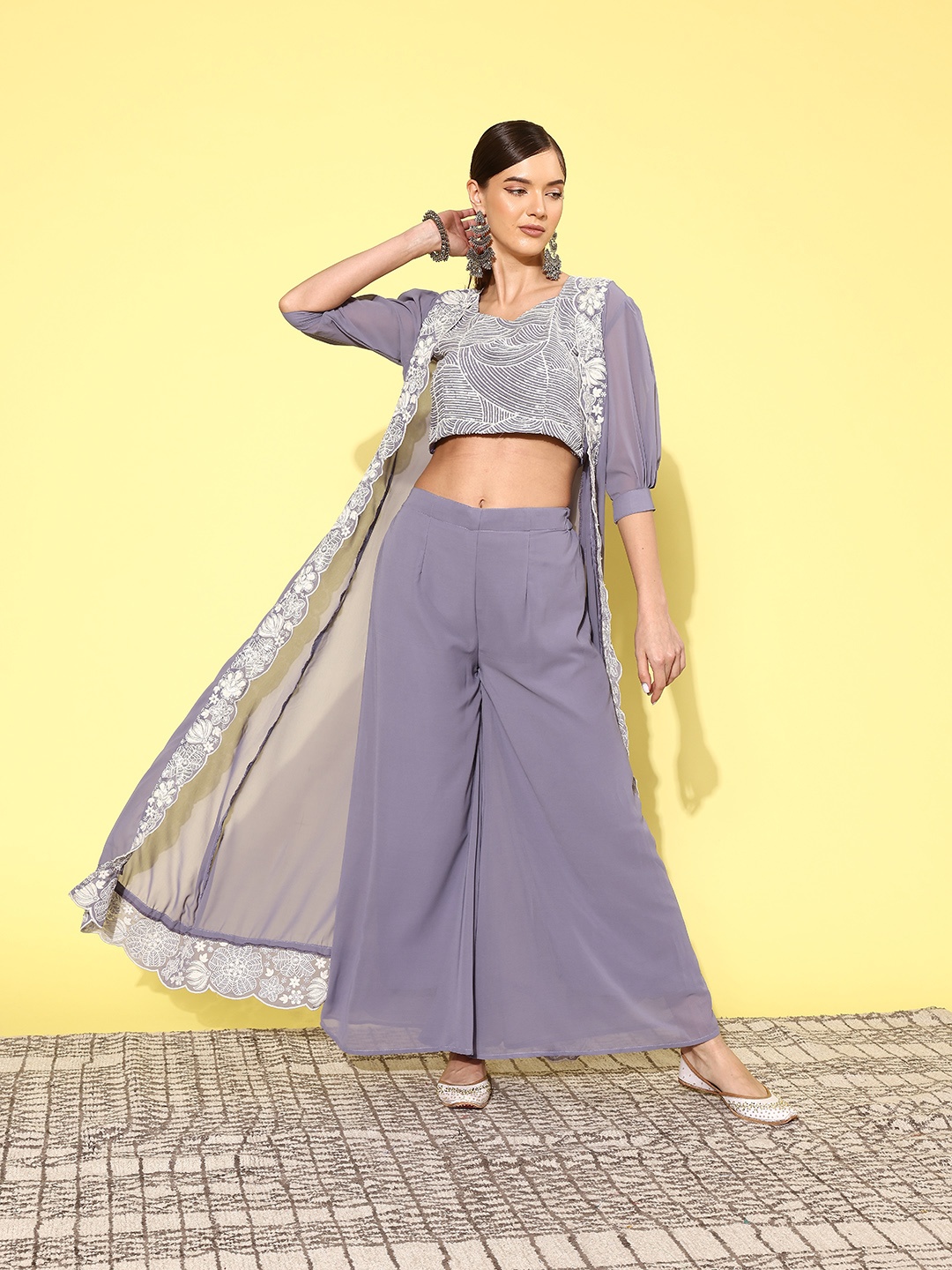 

Kvsfab Georgette Sequinned Embellished Ethnic Top with Palazzo & Shrug, Lavender