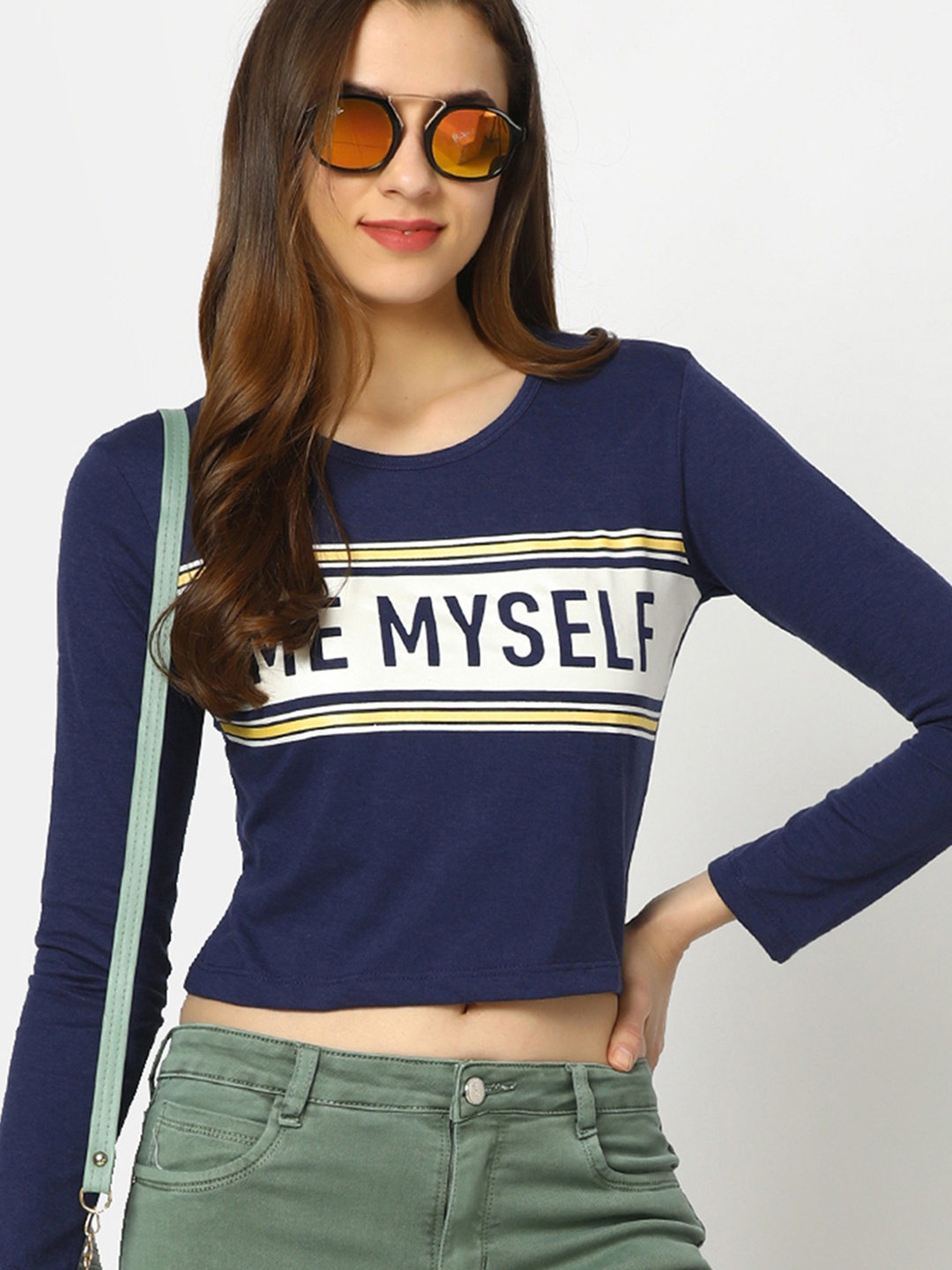 

V-Mart Typography Printed Long Sleeves Crop T-shirt, Blue
