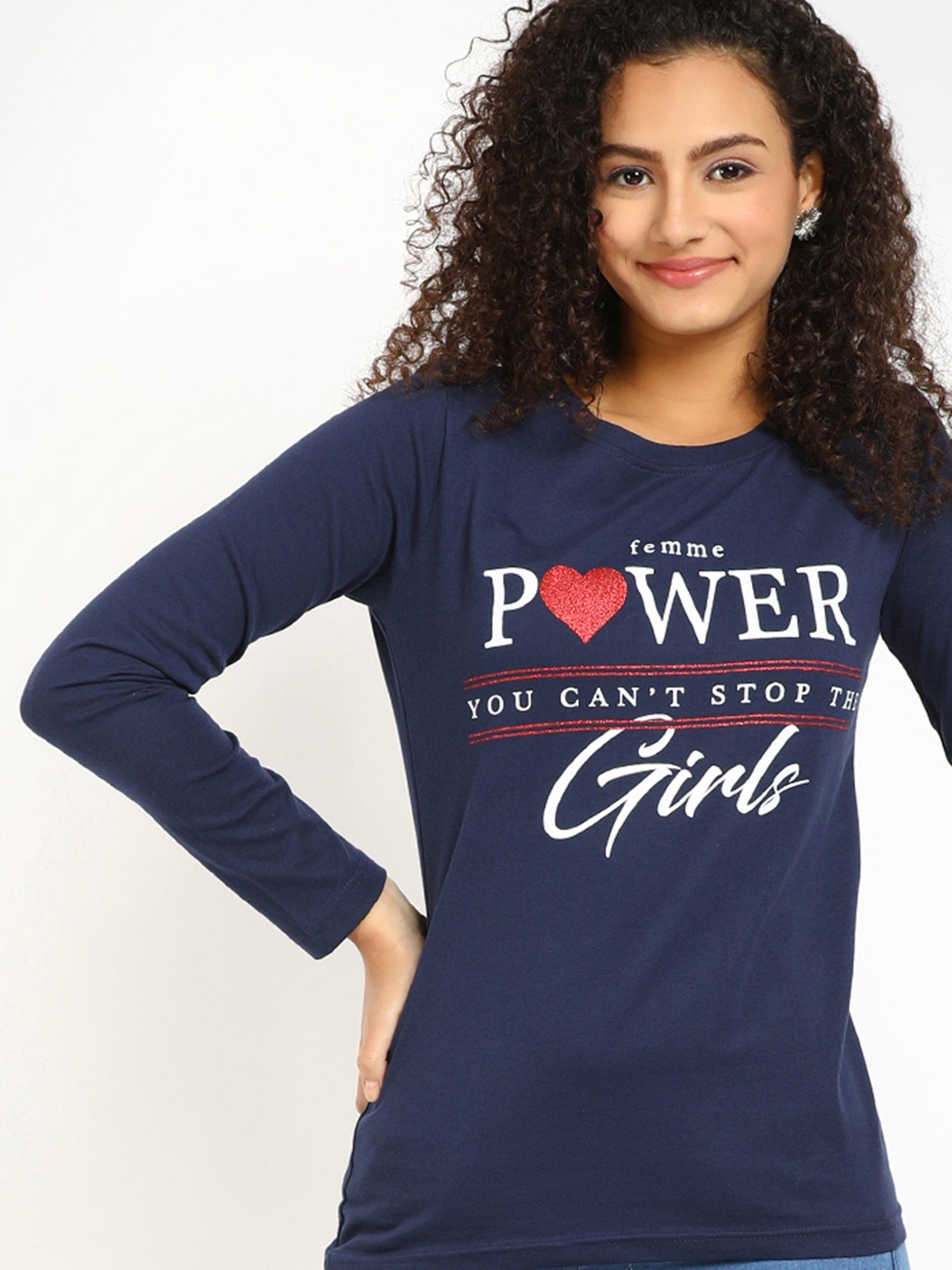 

V-Mart Typography Printed Long Sleeve Cotton Tshirt, Navy blue