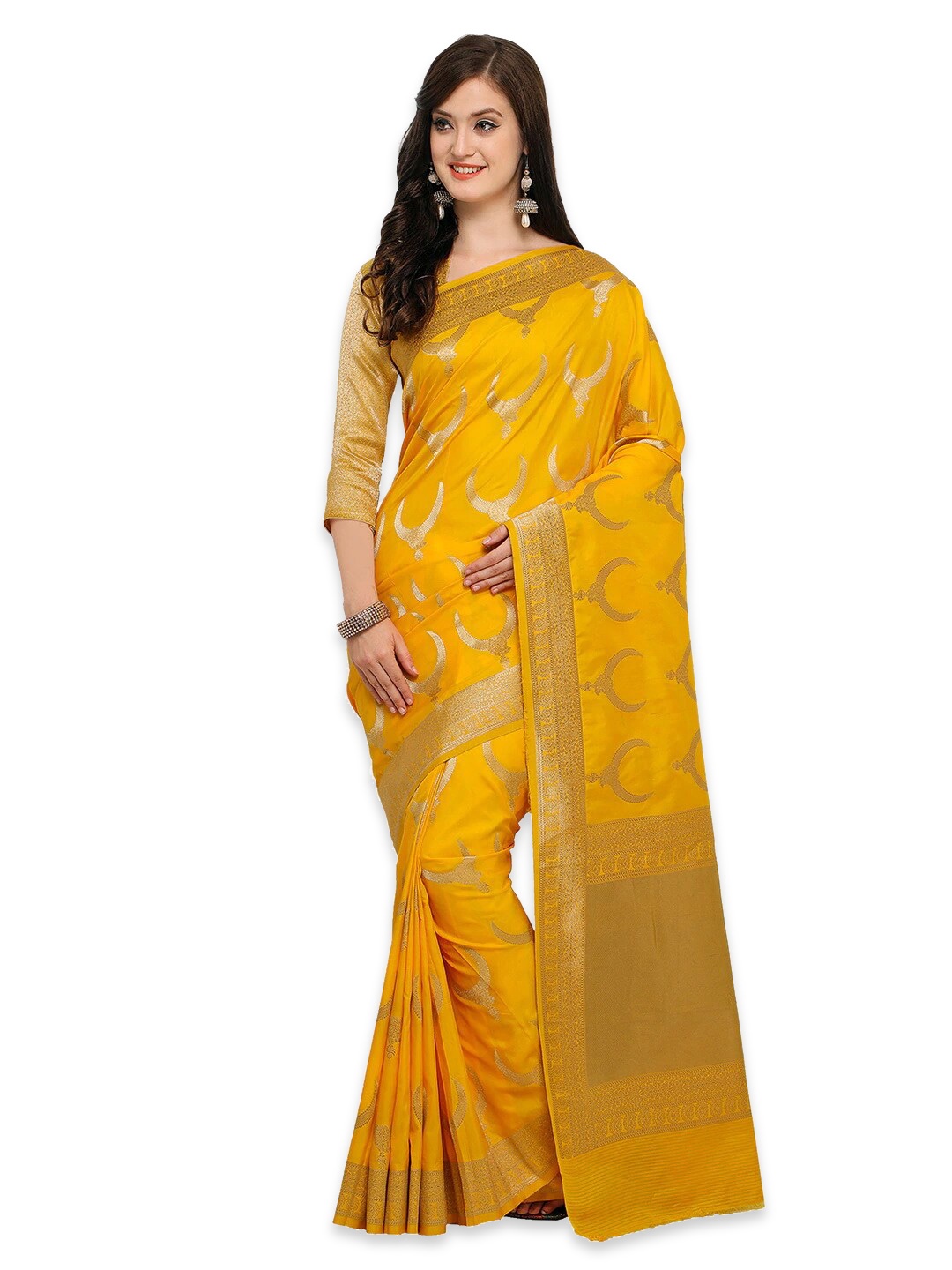 

Shaily Yellow & Gold Ethnic Motifs Silk Blend Banarasi Saree