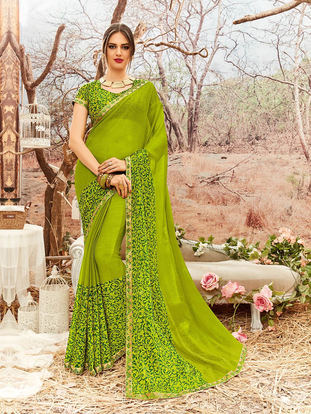 

Shaily Green & Gold-Toned Floral Printed Zari Pure Chiffon Saree