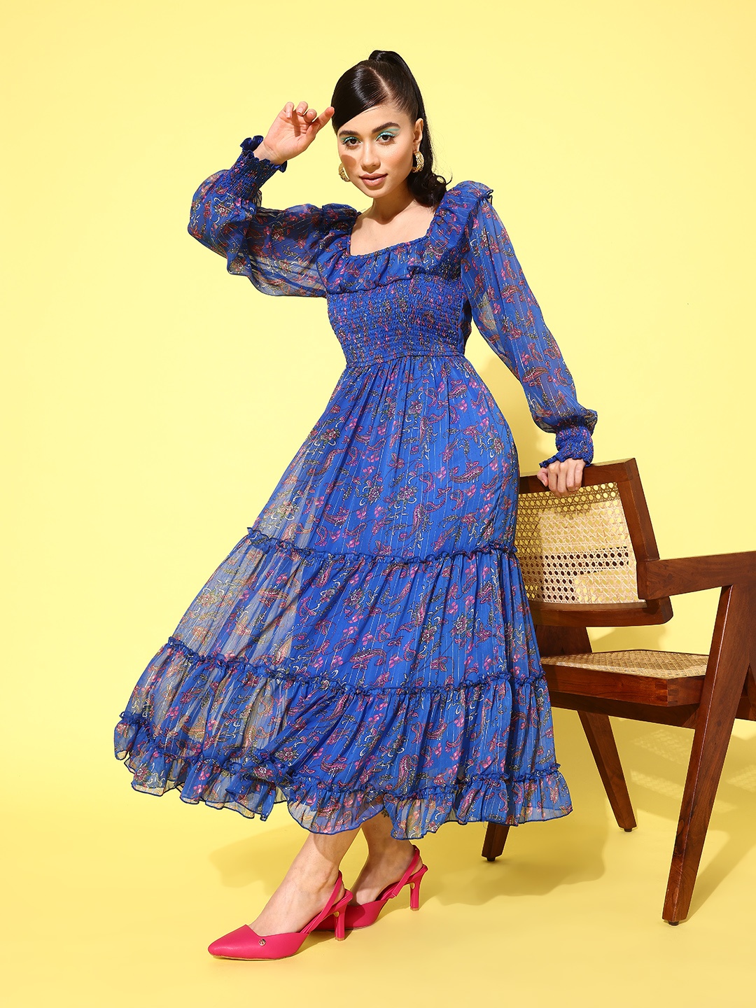 

Antheaa Ethnic Motifs Print Puff Sleeves Smocked Chiffon Fit & Flare Midi Dress, Blue