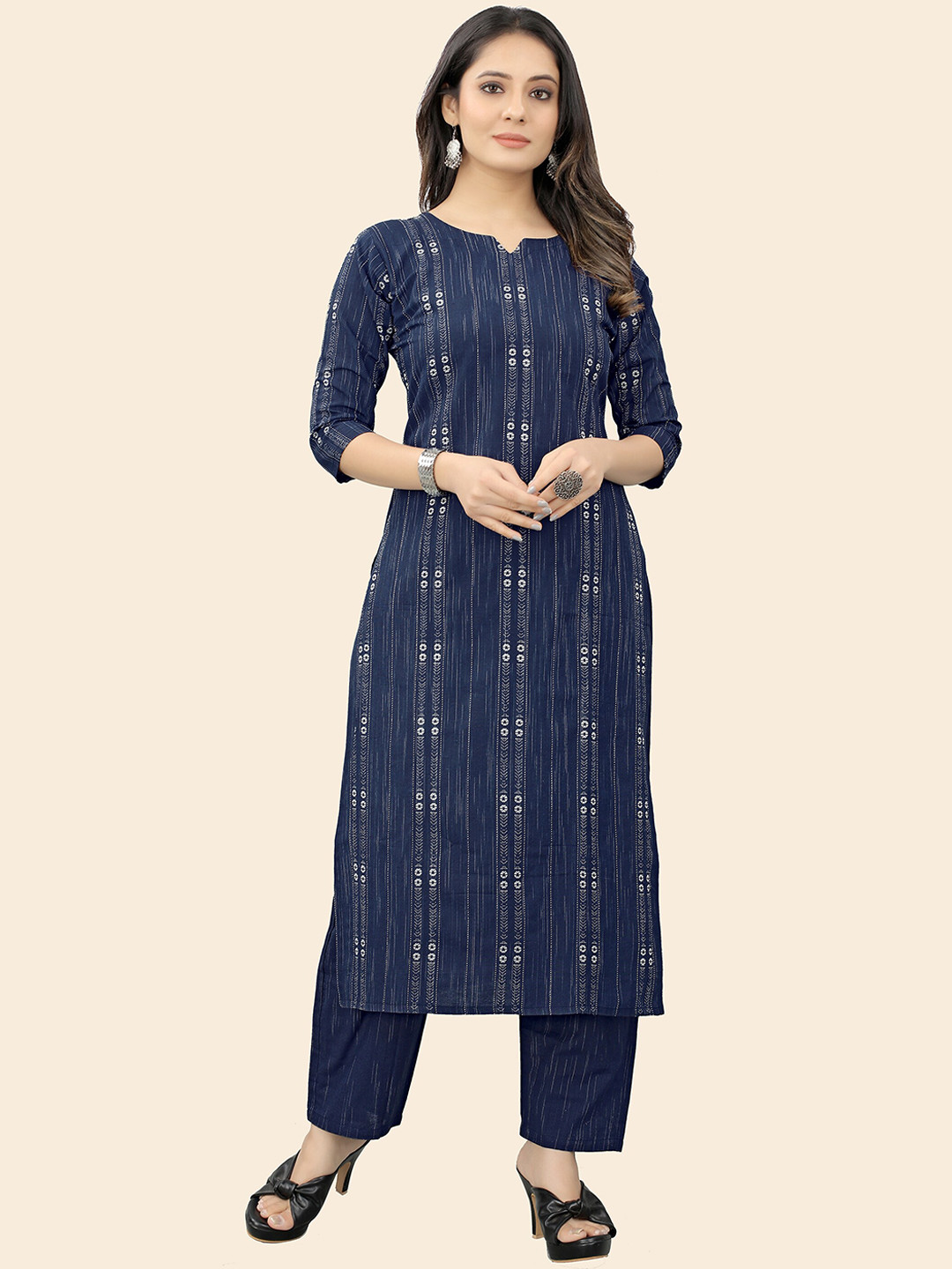 

KALINI Striped Pure Cotton Kurta With Trousers, Navy blue