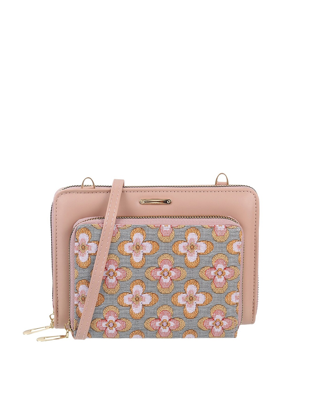 

WALKWAY by Metro Floral Printed Zip Around Wallet With Sling Strap, Peach
