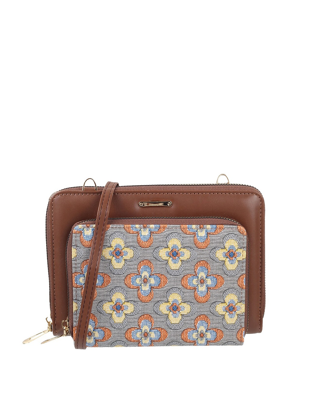 

WALKWAY by Metro Floral Printed Zip Around Wallet With Sling Strap, Brown