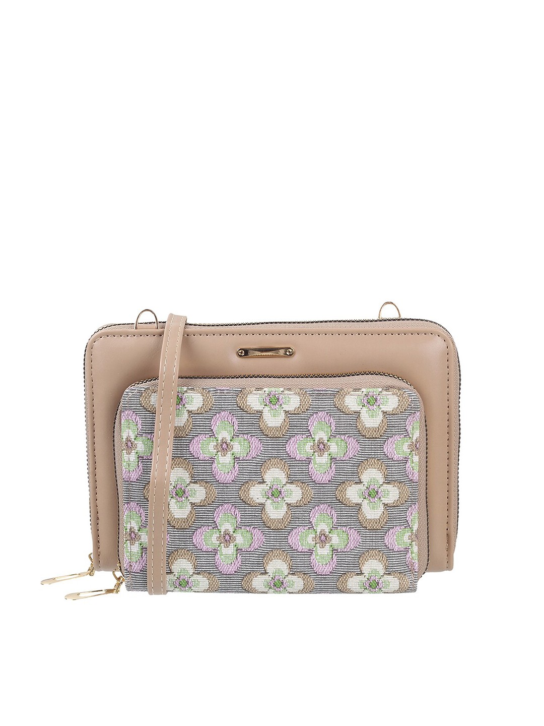 

WALKWAY by Metro Floral Printed Zip Around Wallet With Sling Strap, Beige