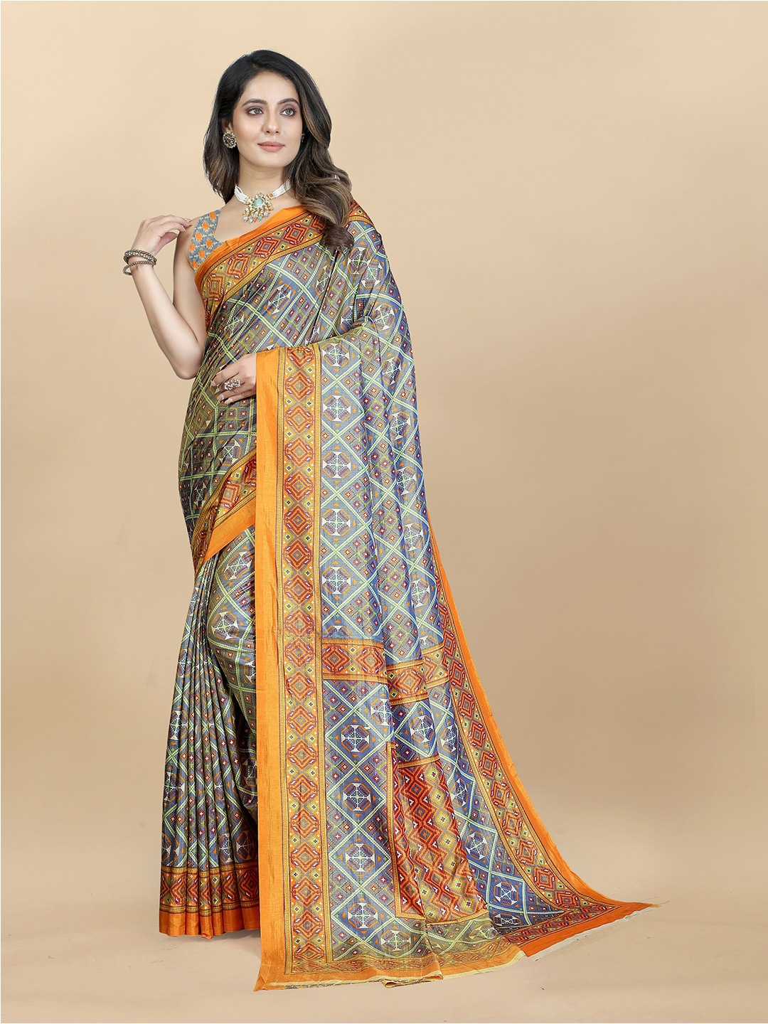 

VSaree Ethnic Printed Patola Silk Saree, Grey