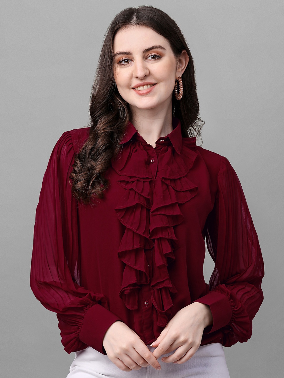 

Urban Luxe Shirt Collar Ruffled Georgette Shirt Style Top, Maroon