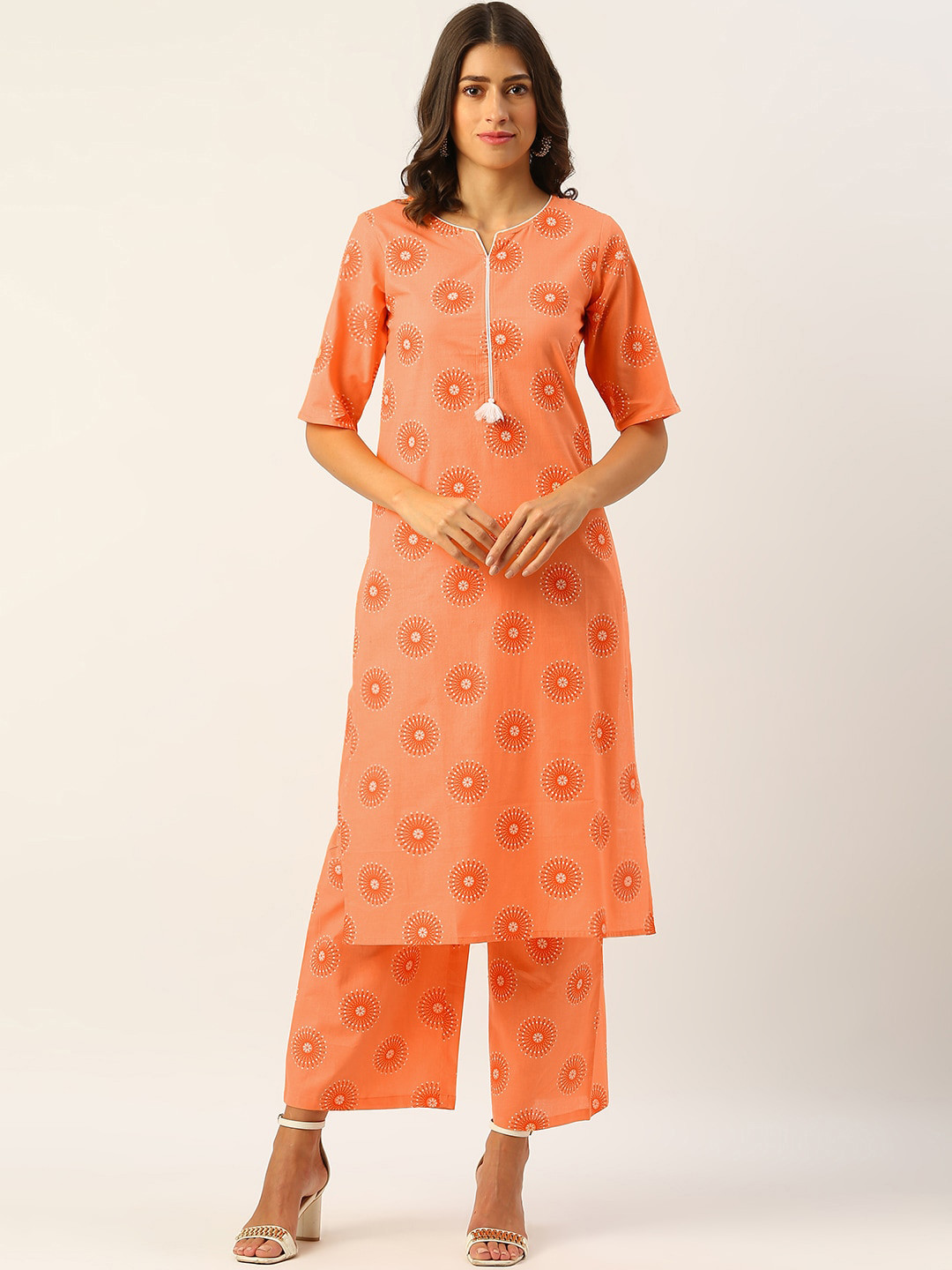 

METRO-FASHION Floral Printed Regular Pure Cotton Kurta With Palazzos, Peach