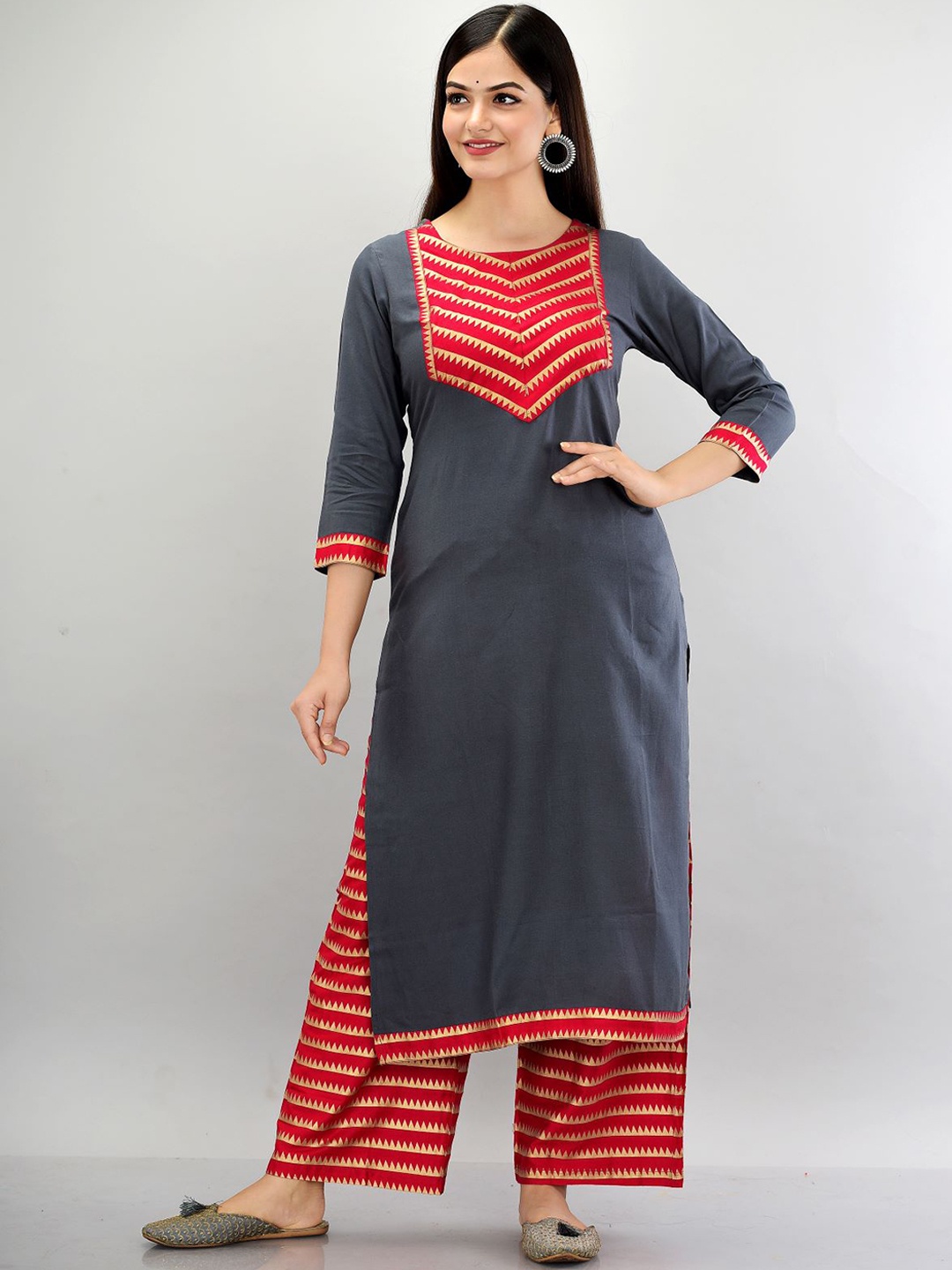 

METRO-FASHION Ethnic Motifs Printed Kurta with Palazzos, Grey