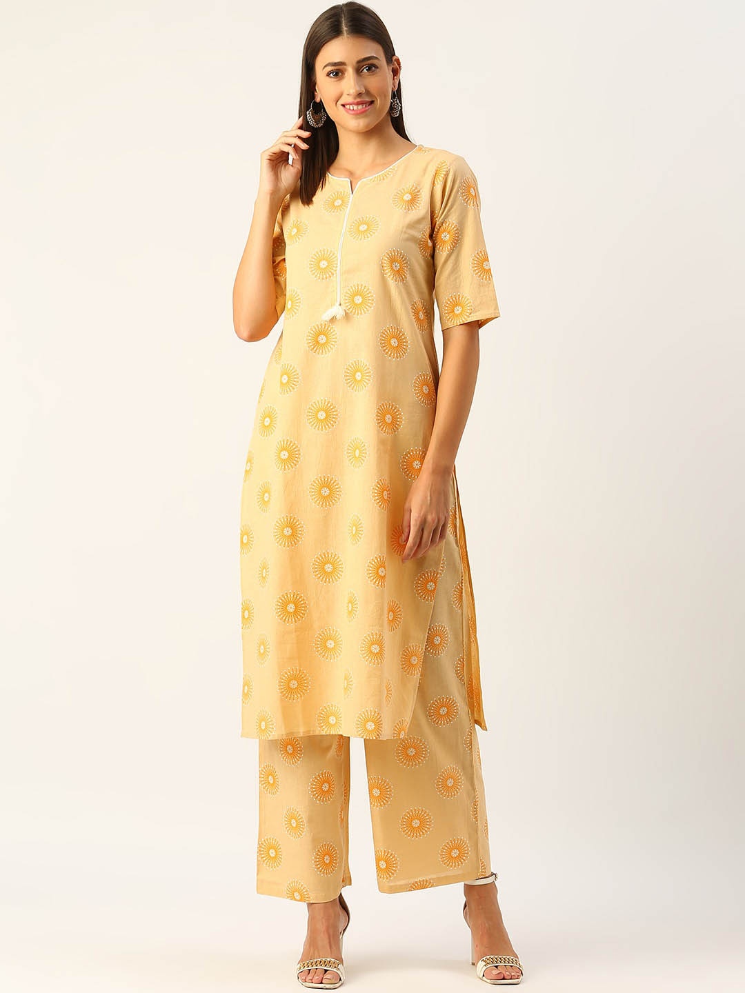 

METRO-FASHION Ethnic Motifs Printed Regular Pure Cotton Kurta With Palazzos, Yellow