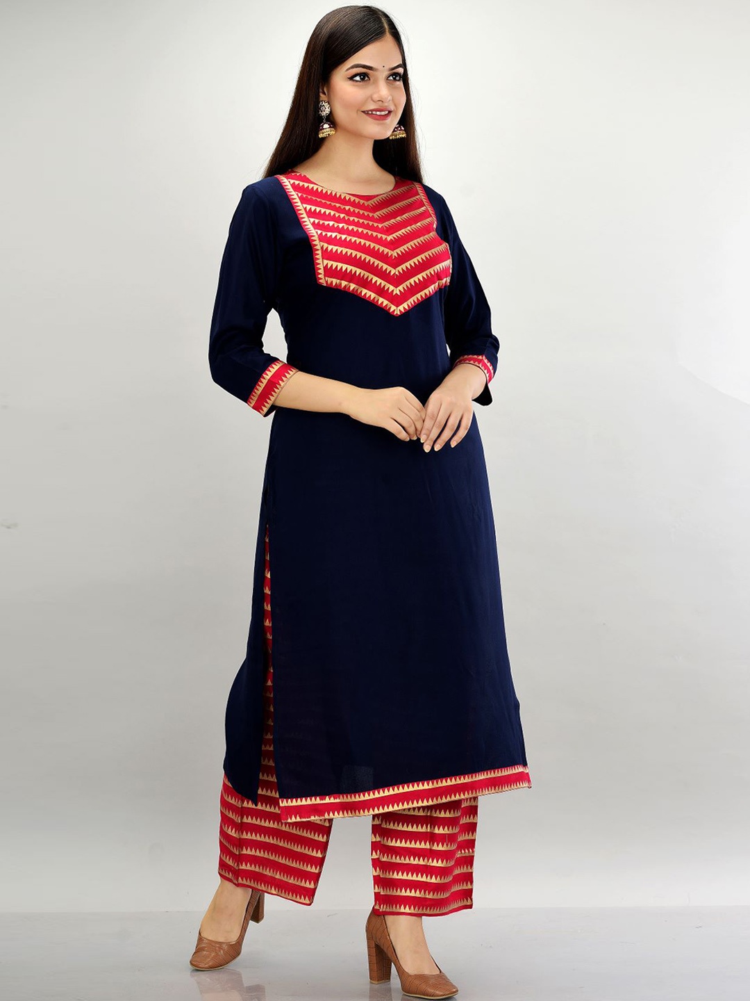

METRO-FASHION Ethnic Motifs Printed Kurta with Palazzos, Navy blue