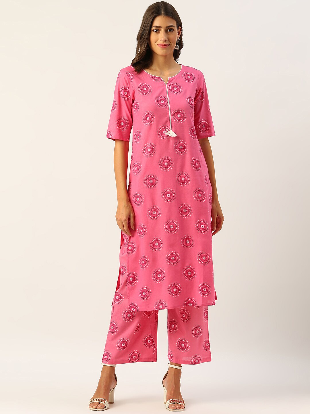 

METRO-FASHION Ethnic Motifs Printed Pure Cotton Kurta with Palazzos, Pink