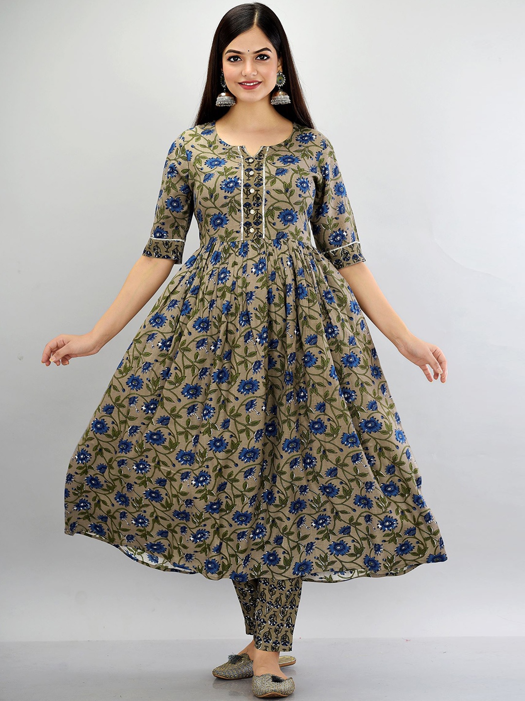 

METRO-FASHION Floral Printed A-line Regular Kurta With Trousers, Khaki