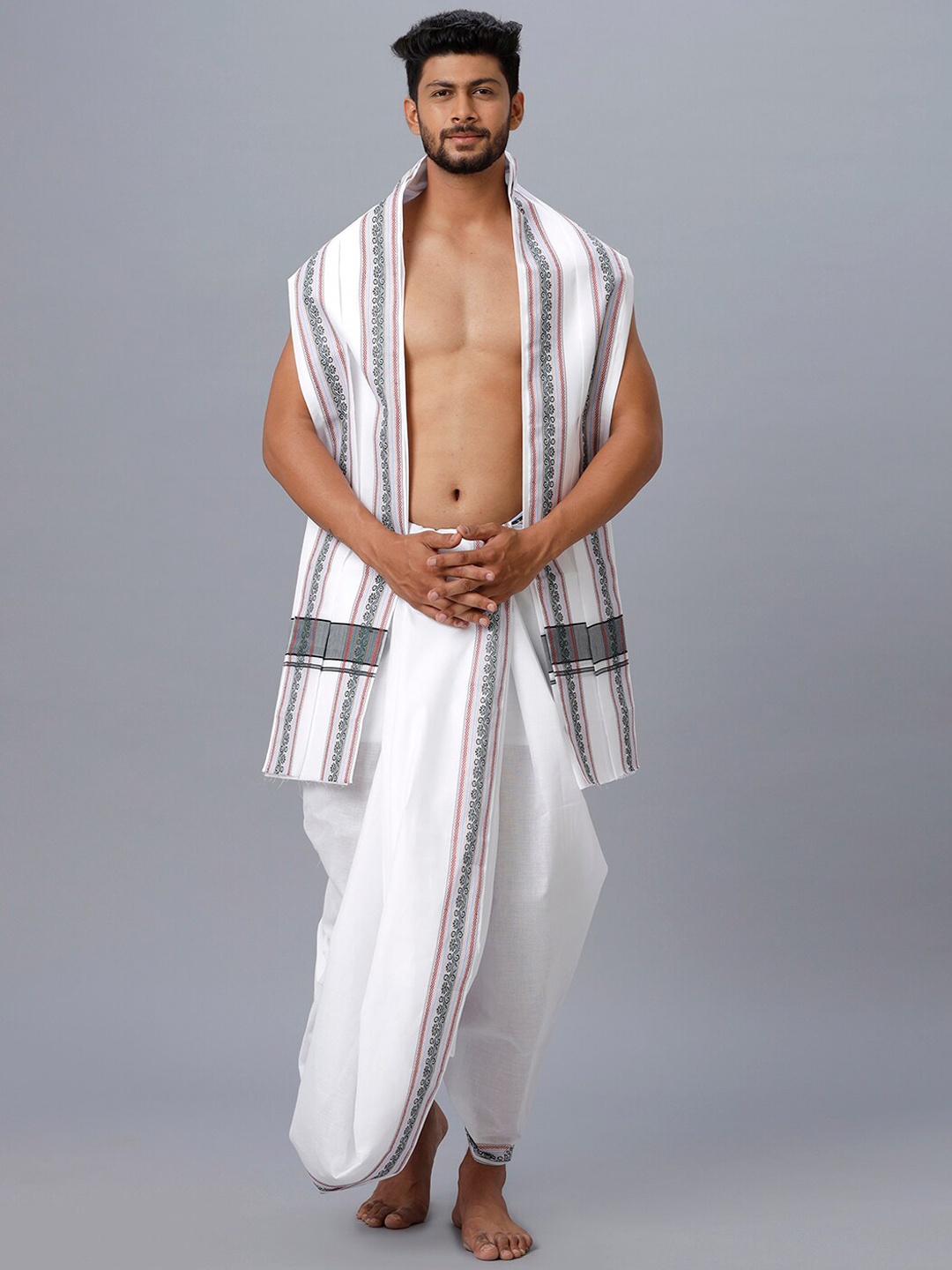 

Ramraj Men Cotton Panchakacham Dhoti with Angavastram, White