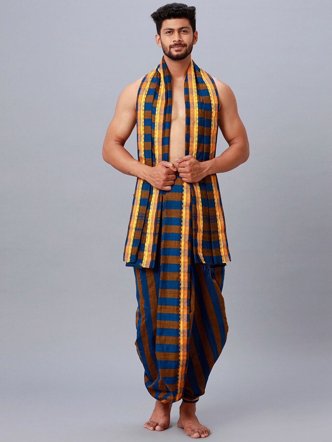 

Ramraj Men Cotton Panchakacham Dhoti with Angavastram, Blue