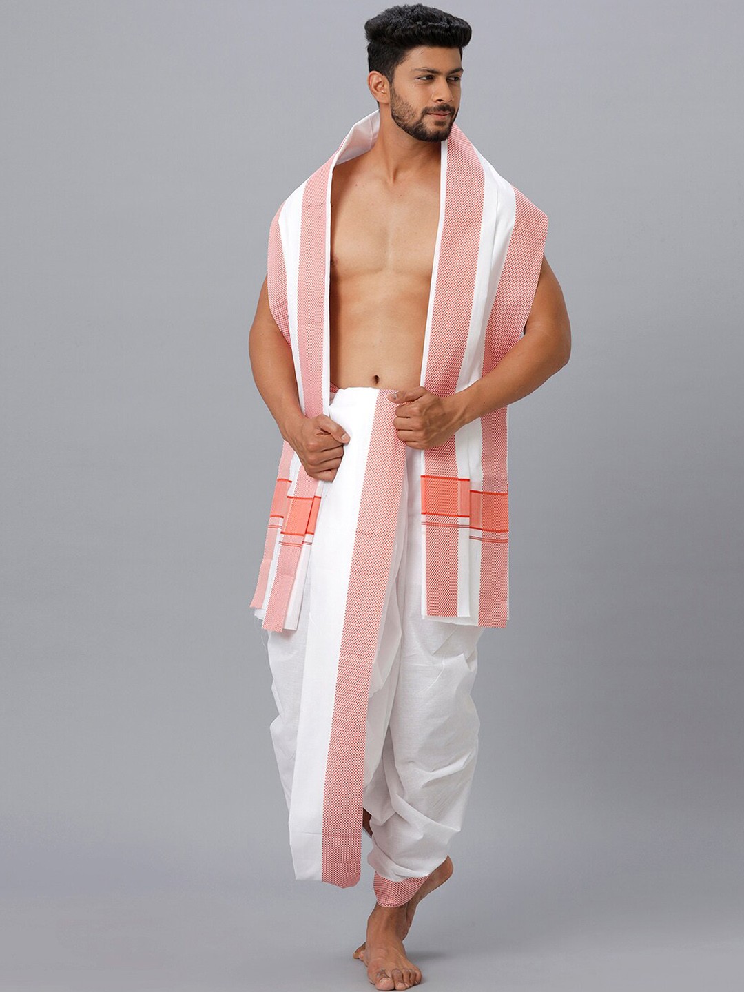 

Ramraj Men Cotton Panchakacham Dhoti with Angavastram, White