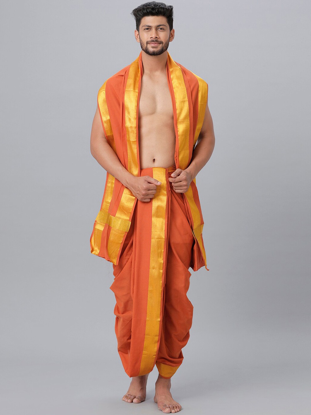 

Ramraj Men Cotton Panchakacham Dhoti with Angavastram, Orange