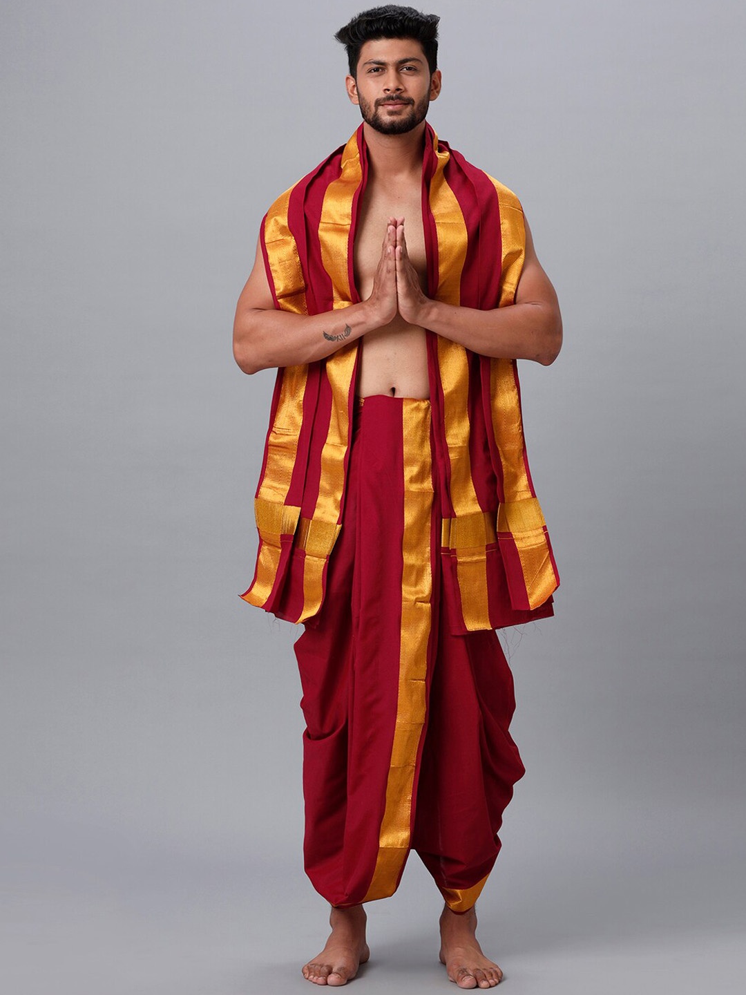 

Ramraj Men Cotton Panchakacham Dhoti with Angavastram, Maroon