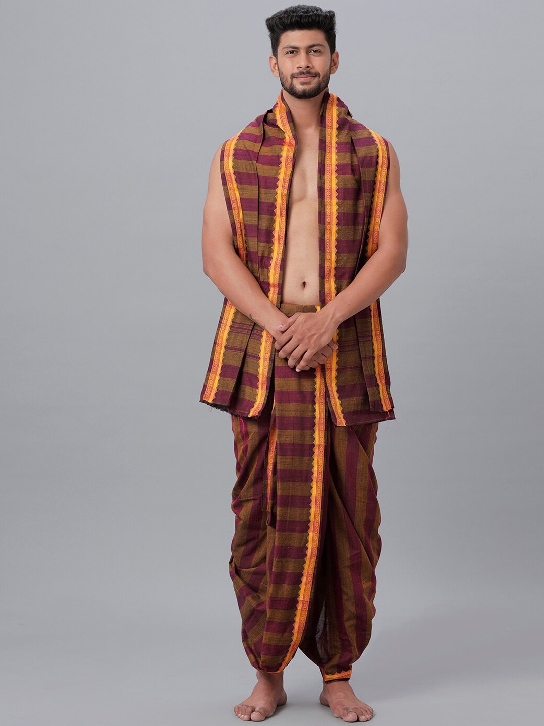 

Ramraj Men Cotton Panchakacham Dhoti with Angavastram, Brown