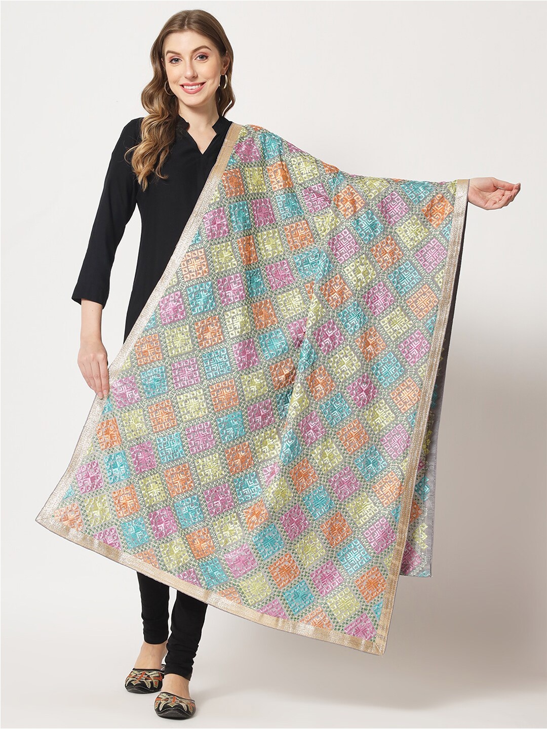 

Zamour Embroidered Phulkari Dupatta, Grey