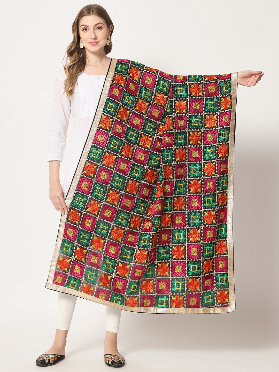 

Zamour Embroidered Phulkari Dupatta, Black