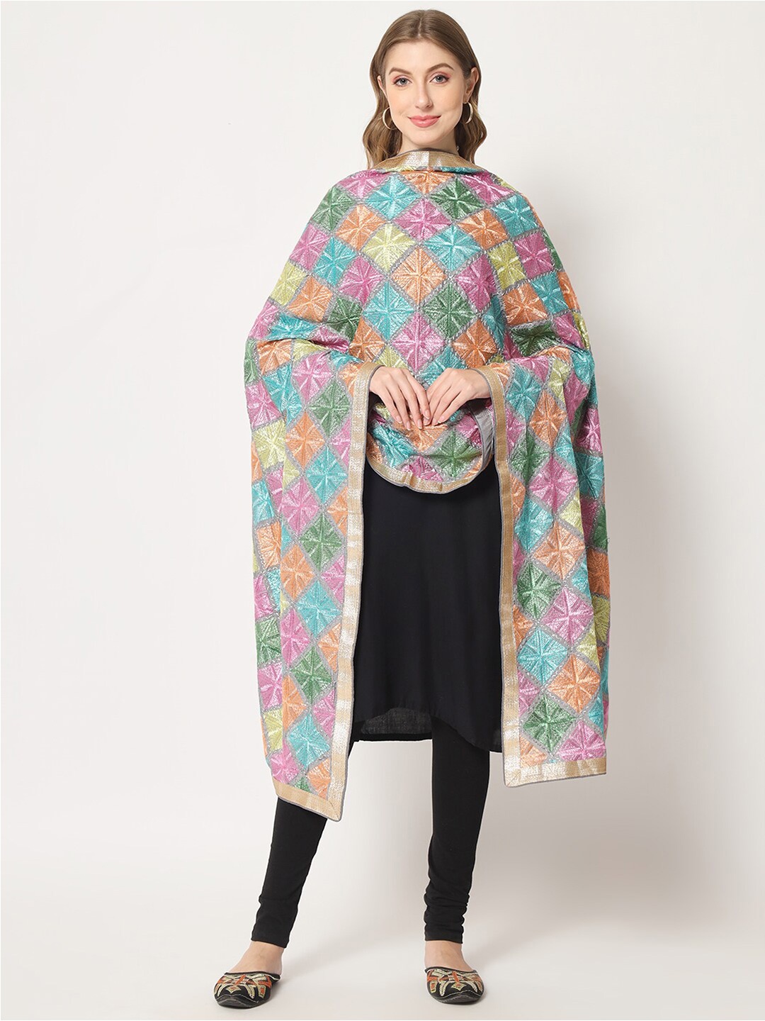 

Zamour Embroidered Phulkari Dupatta, Grey