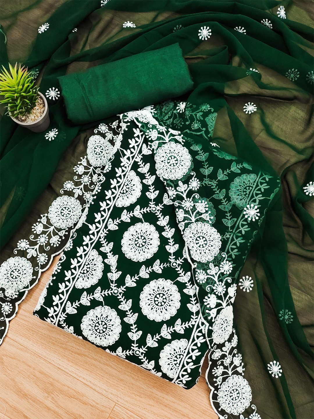 

KALINI Floral Embroidered Unstitched Dress Material, Green