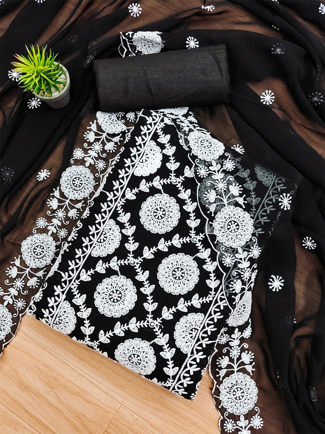 

KALINI Floral Embroidered Unstitched Dress Material, Black