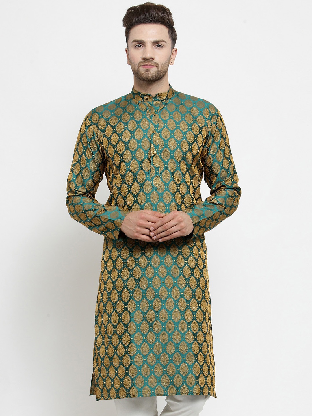 

Jompers Mandarin Collar Woven Design Silk Cotton Kurta, Green