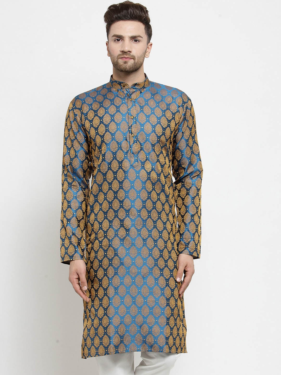 

Jompers Band Collar Ethnic Motifs Woven Design Jacquard Kurta, Blue