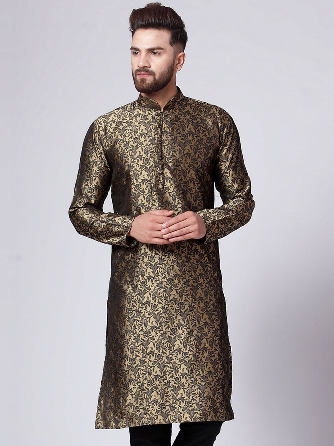 

Jompers Mandarin Collar Ethnic Motifs Woven Design Jacquard Kurta, Gold