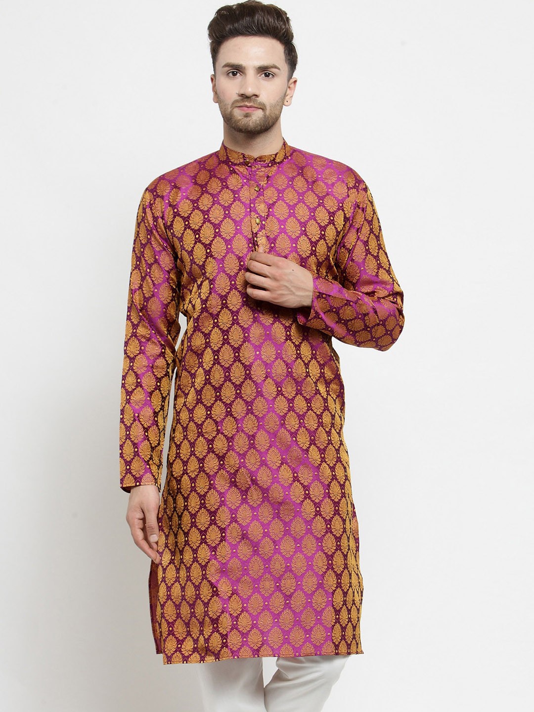 

Jompers Mandarin Collar Woven Design Silk Cotton Kurta, Pink