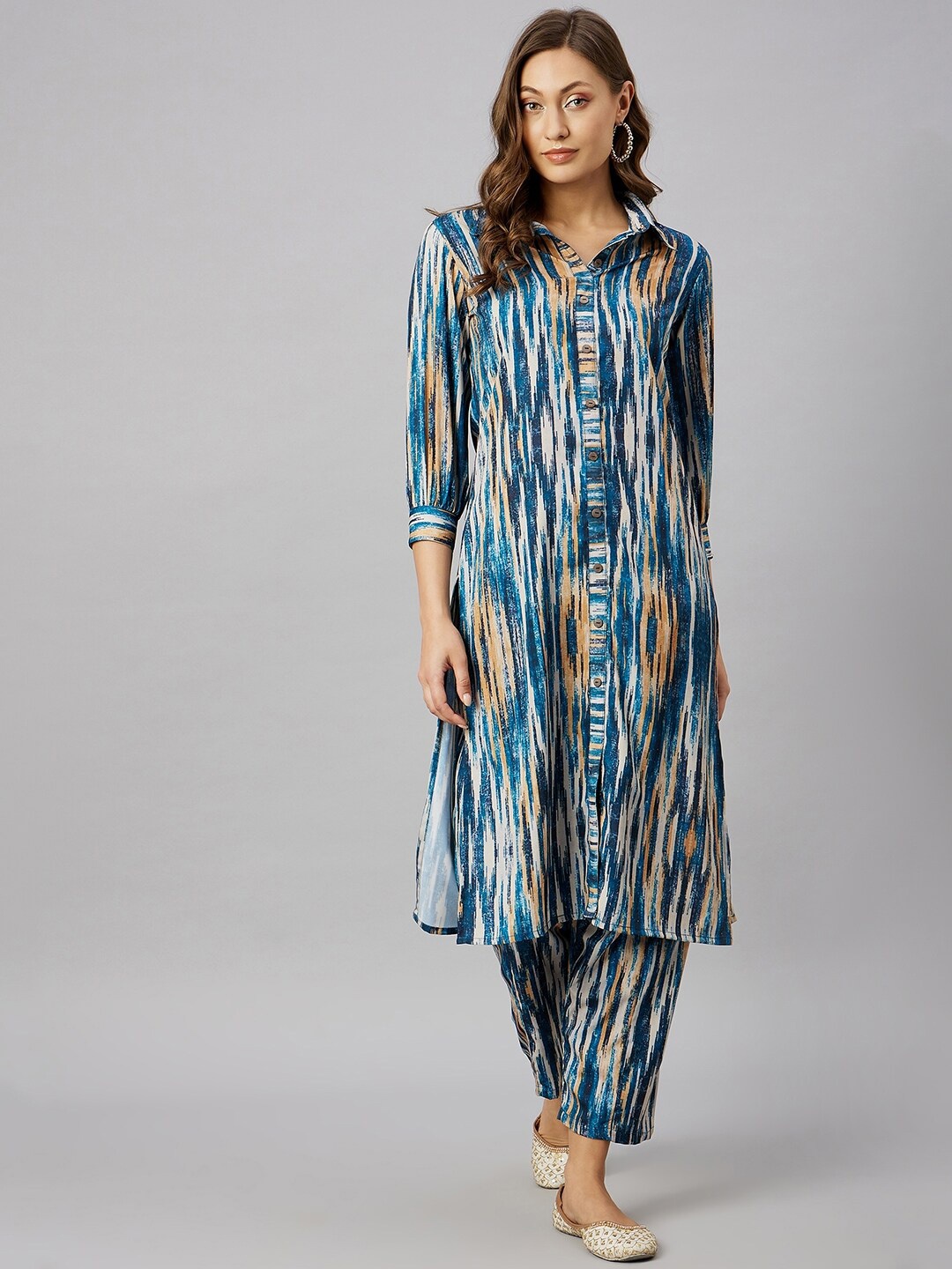 

Azira Shirt Collar Abstract Printed Regular Kurta with Palazzos, Teal