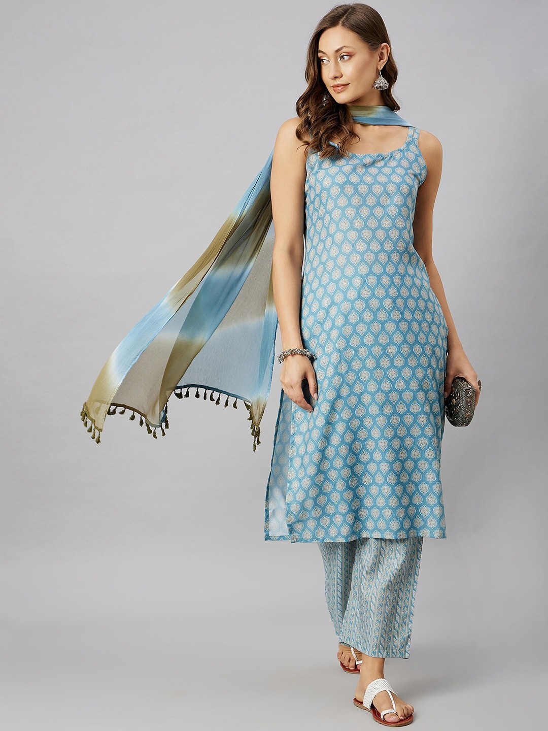 

Azira Ethnic Motifs Printed Pure Cotton Kurta with Palazzos & Dupatta, Blue