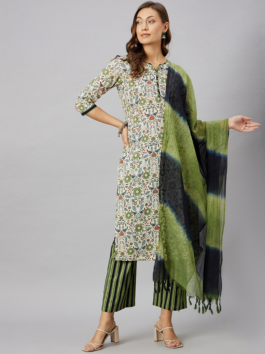 

Azira Floral Printed Pure Cotton Kurta with Palazzos & Dupatta, Off white