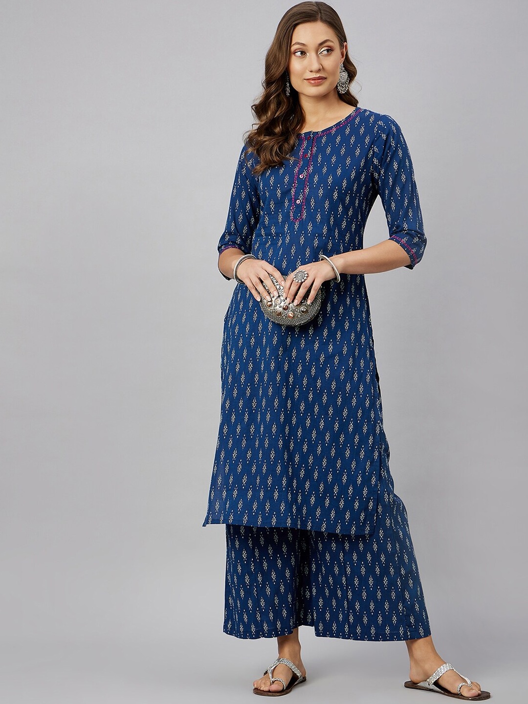 

Azira Ikat Printed Thread Work Pure Cotton Kurta with Palazzos, Navy blue
