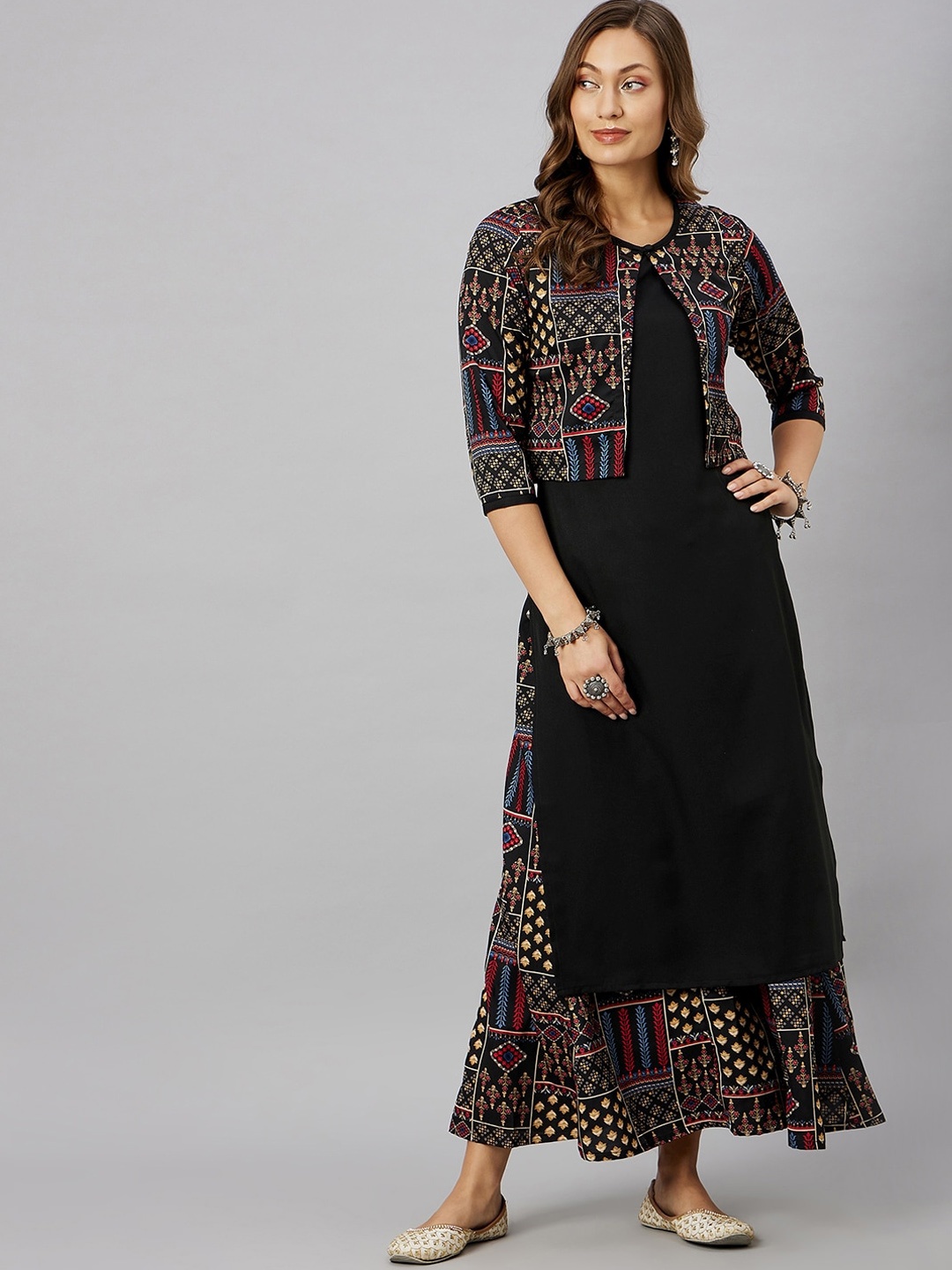 

Azira Straight Kurta with Palazzos & Jacket, Black