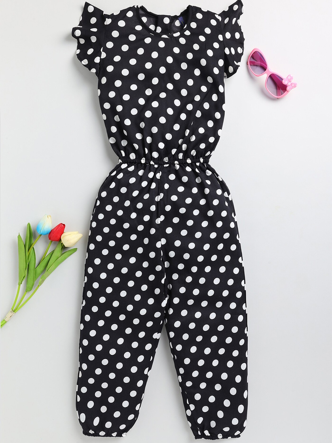 

YK Girls Polka Dot Printed Capri Jumpsuit, Black