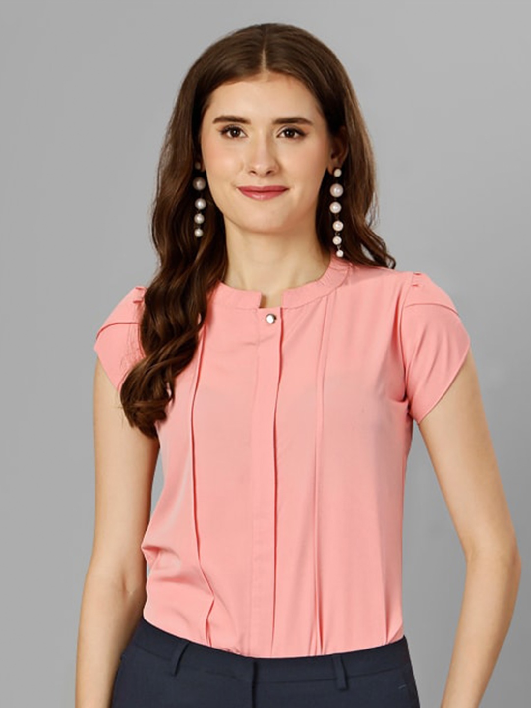 

Kinjo Mandarin Collar Tulip Sleeve Crepe Top, Pink