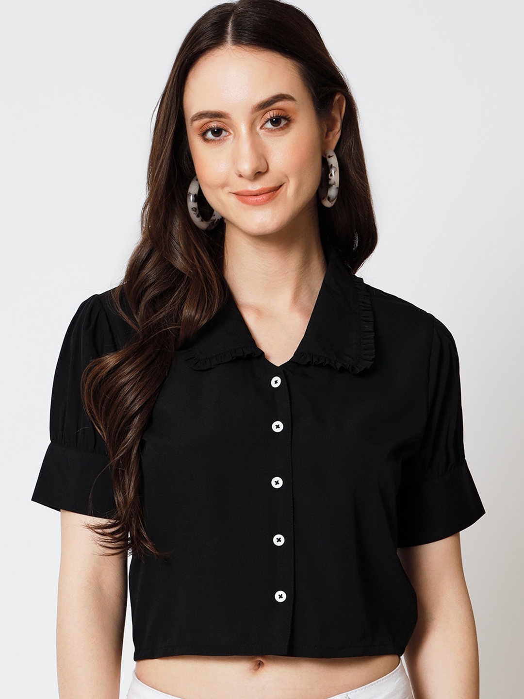 

Yaadleen Shirt Collar Puff Sleeves Crepe Shirt Style Crop Top, Black