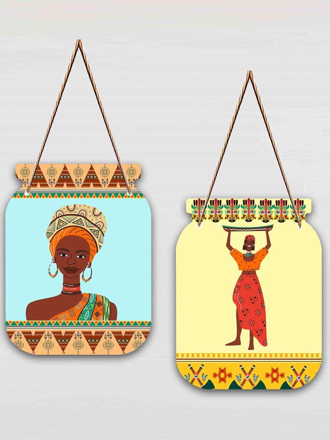 SAF Yellow & Blue 2 Pcs African Woman Design Jar Shape Wooden Wall Hangings With Strings