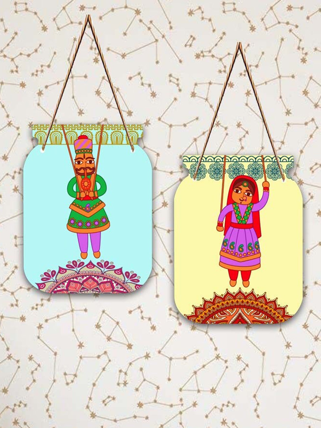 

SAF Yellow & Blue 2 Pieces Puppet Design Jar Shape Wooden Wall Hangings With Strings